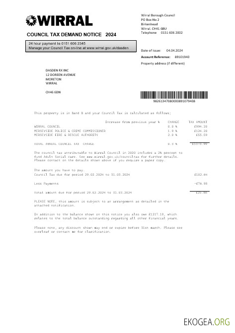 Royaume Uni Modèle de facture de services publics de taxe du conseil de Wirral aux formats Word et PDF